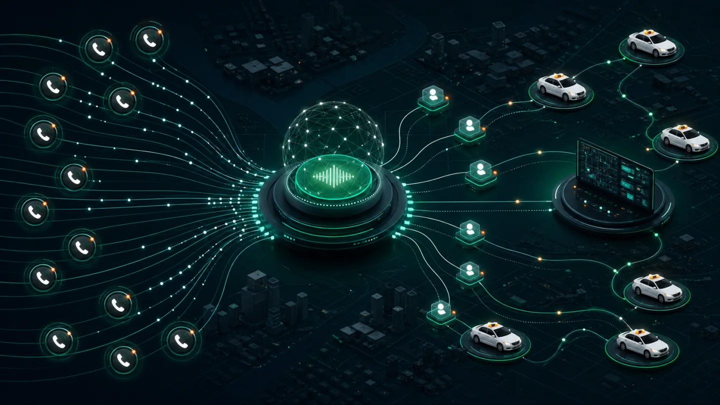 AI рецепционист обработва много едновременни обаждания и подава заявки към диспечерска система на таксиметрова компания